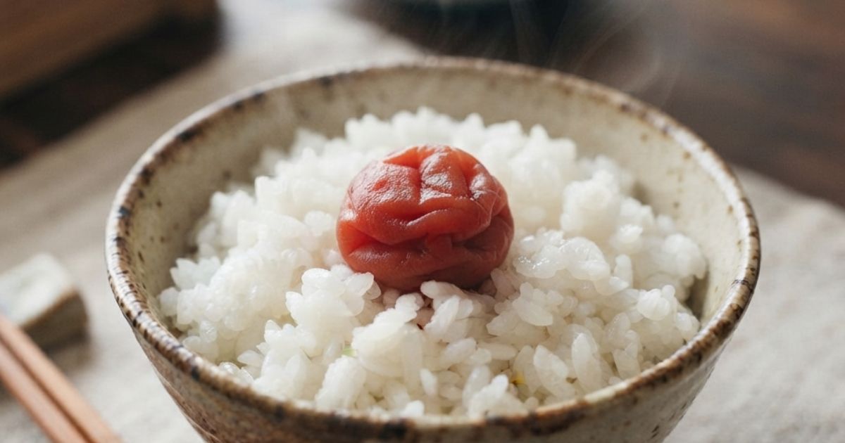 ほかほかの白ご飯の上にのった、つやつやとした美味しそうな梅干し